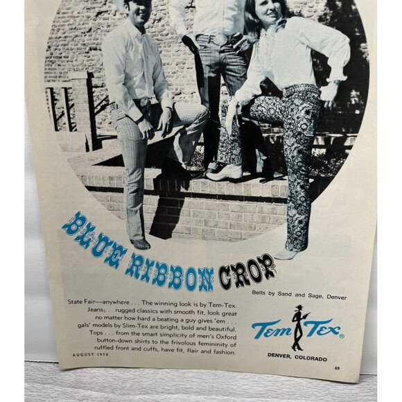 Tem-Tex Vintage Print Ad 1970s Blue Ribbon Crop Denim Jeans Cowboys Cowgirl - Picture 5 of 6